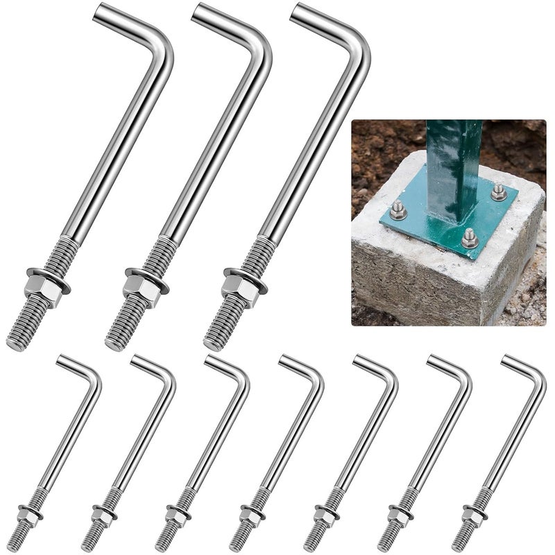 Yaocom 10 Pieces Anchors Bolts 3/8-16 x 6 Inches 304 Stainless Steel Concrete J Bolts Cement Post Anchor Fastener with Nut Washer Bracket for Concrete Pad Pouring Wood Concrete Projects - Image 1